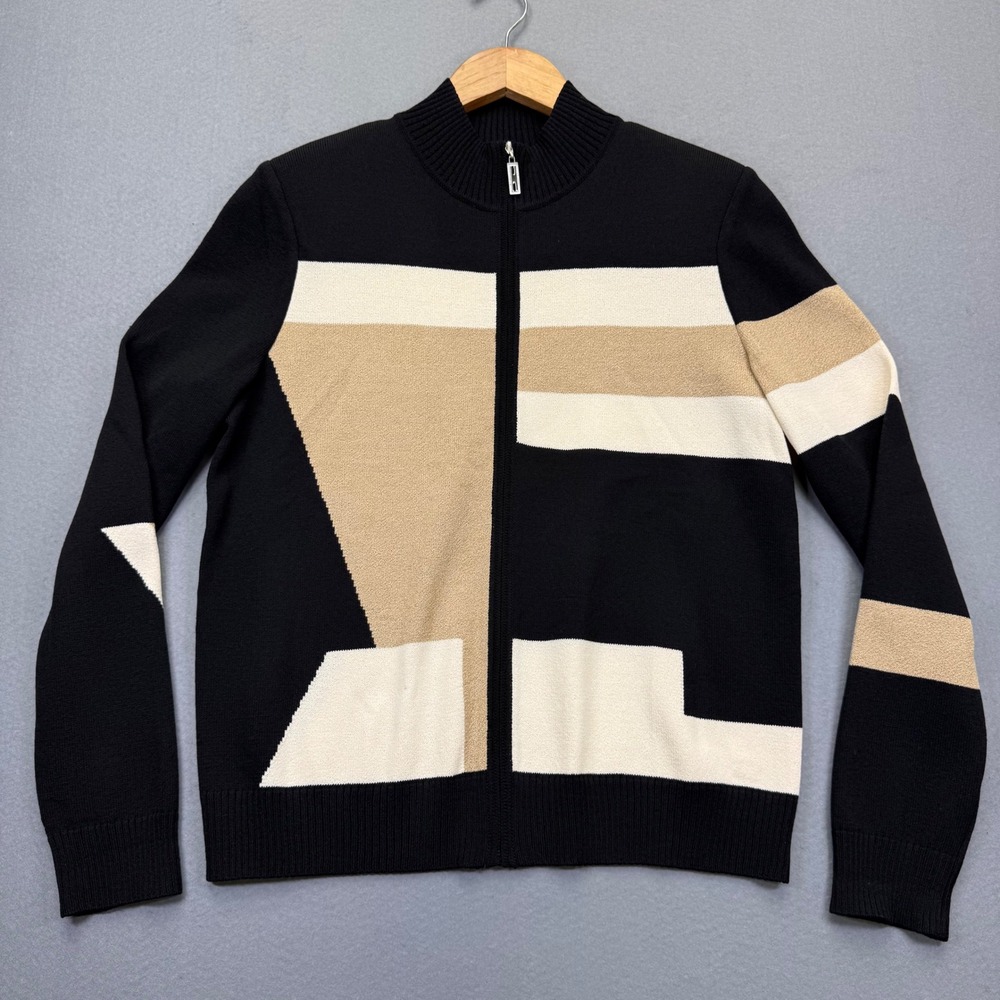 St‎ John Wool Rayon Full Zip Mock Neck Geometric Sweater Black Tan Medium READ